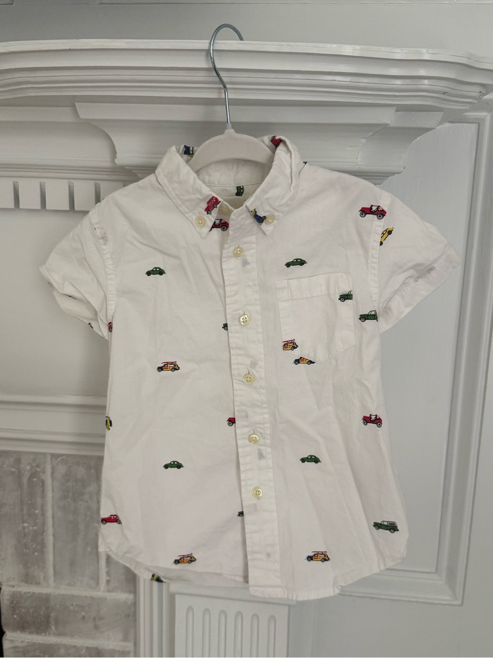 Crewcuts Kids White Short-Sleeve Button-Down Shirt with Car Embroidery